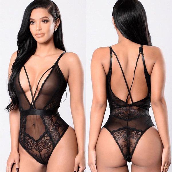 Fashion Sleepwear Backless Teddies Hollow Bodysuit Floral Lace Halter One Piece Sexy Lingerie