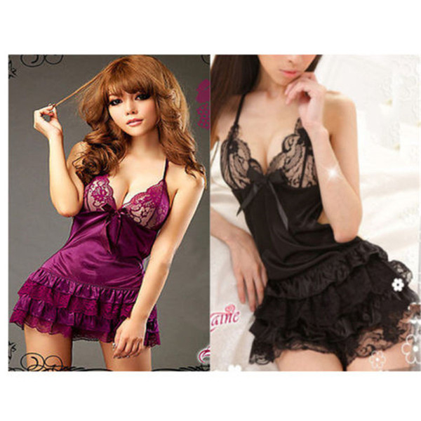 2018 Summer Lace Dress Women Nightgown Sexy Backless Lingerie Sleepwear G-string Deep V-Neck Nightdress Black Purple Vestidos