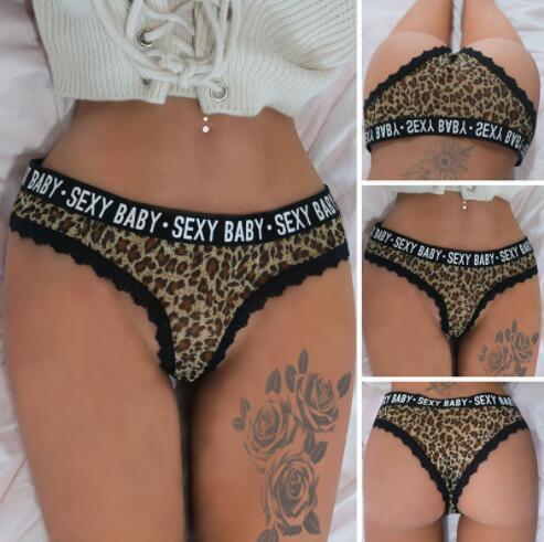 European and American fashion couple sexy and feminine leopard mesh gauze perspective thongs printed letters sexy lingerie