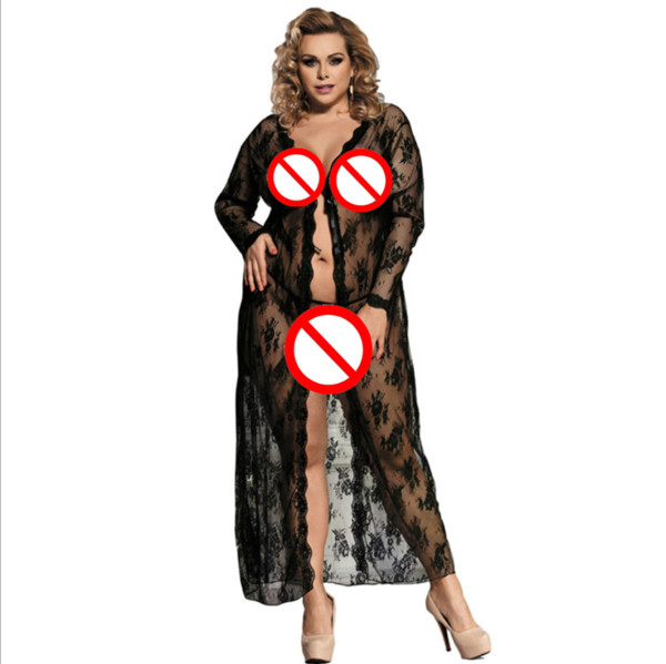 Europe and the United States large size sexy underwear sexy lace front open long sleeve long night dress wholesale 80232