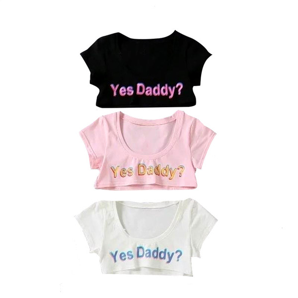 Yes Daddy Women T Shirt Letter Print Short Sleeves Elastic Fitness Short Top Sleeve Yoga Crop Running Tops