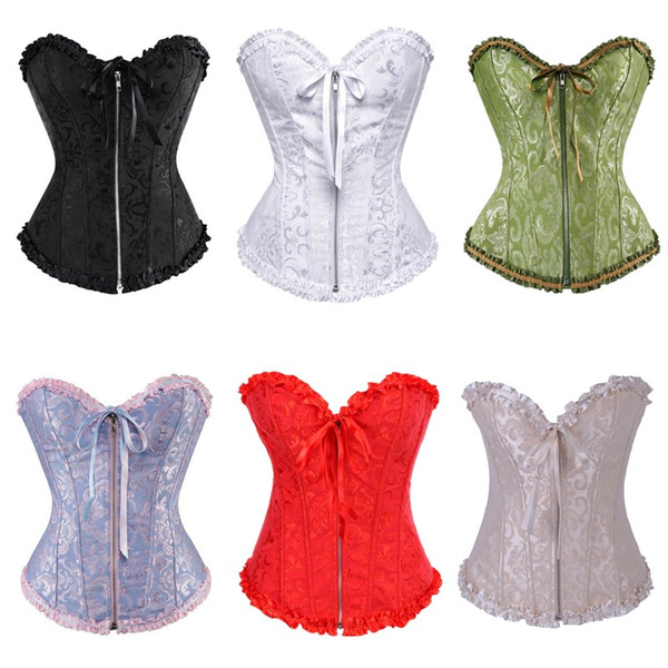 Frill Jacquard Brocade Corset Wholesale Plus size Zipper Lace up Back Women Ribbon Floral Embroidery Overbust Sexy Dance Corse Bustier