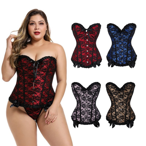 Frill Lacy Corset Top Women's Sexy Plus Size S-6XL Burlesque Jacquard Lace Overlay Lace-up Overbust Club Dance Party Corset Bustier