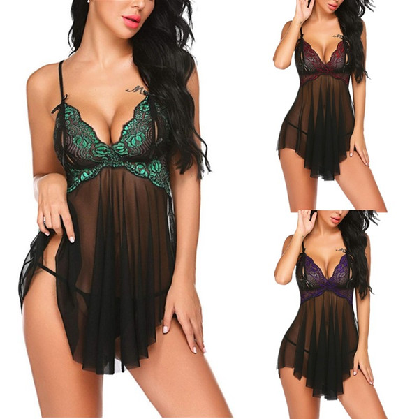 Women Cup-out Lace Bras Sexy Ruffle Mesh Babydoll and G-String Sleepwear Dress Lingerie Chemise with Irregular Hem