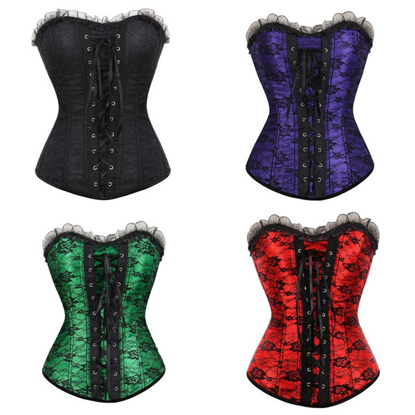 Dance Lace Corset Top Frill Pleated Trim Side Zipper Corsets Plus size Lace up Back Women Ribbon Floral Overbust Sexy Dance Corse Bustier