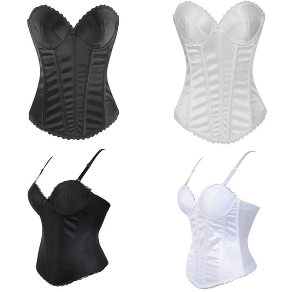 White Bridal Overbust Bustier Silky Satin Solid Wedding Party Corset Top Women's Fashion Body Shaper Underwear Black White