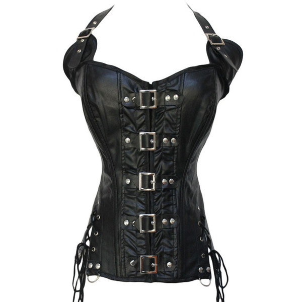 Women Steampunk Leather Corsets Lingerie Sexy Clubwear Gothic Buckles Halterneck PU Leather Black Bustier Corsets with Buckles and Studds