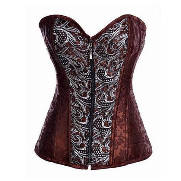 Jacquard Steampunk Zipper Corset Women Vintage Gothic Overbust Zip-up Brown Corset Padded Bustier S-6XL Plus Size Fashion Waist Slim Shaper