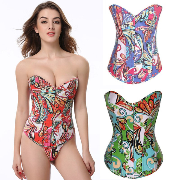 Colorful Printed Overbust Corset Women No Trim Vivid Floral Lace-up Padded Bustier Fashion Daily Corset Slim Body Waist Cincher Shapewears