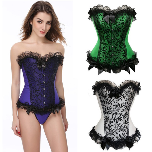 Women's Lace Ruffle Corset Top Sexy Floral with Bows Lace-up Overbust Busiter Plus Size Slimming Waist Cincher Body Shapewears
