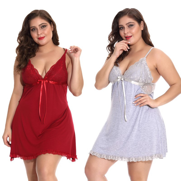 Women Floral Lace Cups Jersey Babydoll with Dangle Satin Ribbon Sexy Big Lady Chemise Dress Plus Size 1X-4X Lingerie Panty Set Multicolor