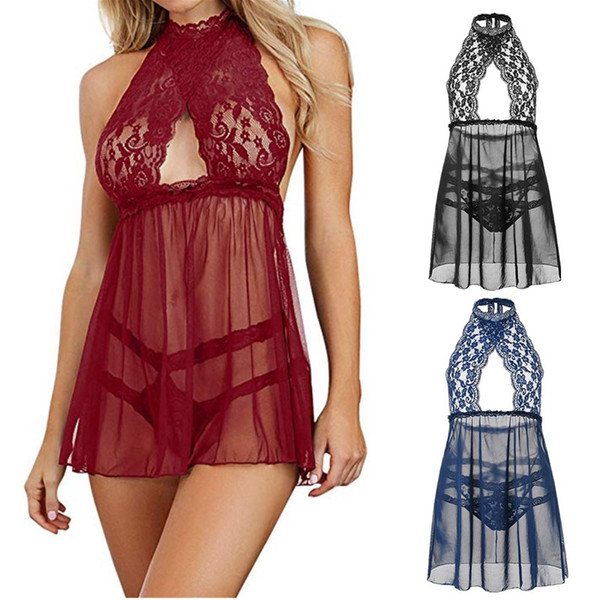 Women Cross Collared Keyhole Cut-Out Babydoll with Panty Sleepwear Chemise Dress Sexy Lace and Mesh Backless Lingerie