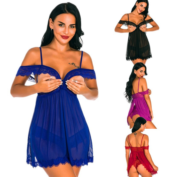 Women Lace and Mesh Sexy Open-Cup Babydoll with Panty Flyaway Back Sleepwear Chemise Sheer Bedtime Clubwear Dress S-XXL