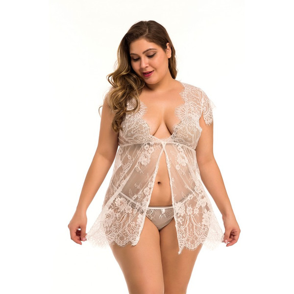 Women Sexy White Bridal Lingerie Floral Eyelash Lace & Mesh Babydoll Sheer Chemise Sleepwear Dress and Panty Set For Big Lady Plus Size 1X-4