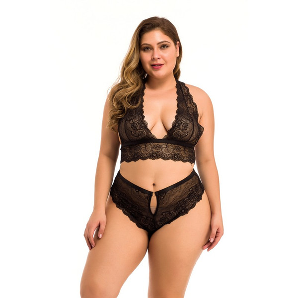 Women Black Sheer Floral Lace and Mesh High Waist Halter Bralette and Panty Set Sexy Underwear Lingerie with Race Back Plus Size 1X-4X