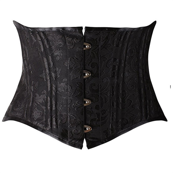 24 Double Flat Boned Short Torso Steel Boned Padded Waist Trainer Body Shaper Brocade Jaquard Underbust Corset Women Slimming Belt Black 3XL