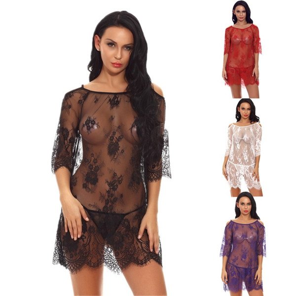 Women Bloom Rose Floral Eyelash Lace and Mesh Smock Lingerie Mini Babydoll Chemise Sexy Cold Shoulder Nightwear Sheer Sleep Dress S-XXL