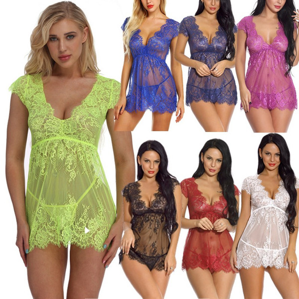 Women Multicolor S-XXL Sexy Plunge V-neck Floral Eyelash Lace & Mesh Cap Sleeve Babydoll Sheer Chemise Lingerie Sleepwear Dress Panty Set