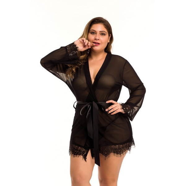 Women Sexy Black Silky Sheer Mesh Open Front Long Sleeve Loose Mini Robe Sleepwear and Panty Set with Eyelash Lace Hem Big Plus Size 1X-4X