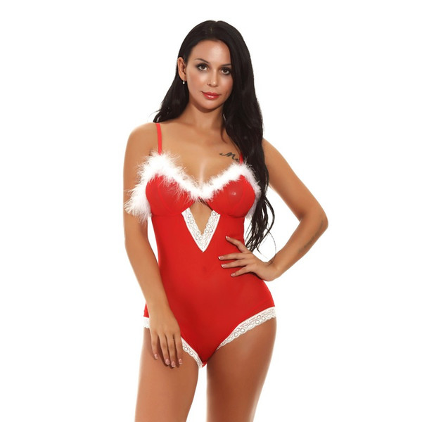 Women Lace Hem Sexy Red Mesh Bodysuit Christmas Holiday Festive Sheer Lingerie with White Fuzzy Trim over Bustline S-XXL