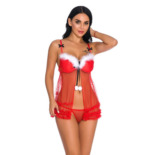 Women Fly Away Front Festive Red Dots Mesh Babydoll Christmas Holiday Chemise with White Fuzzy Trim and Layered Lace Hem Sexy Lingerie Panty