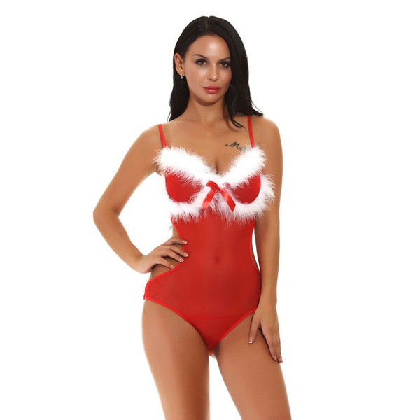 Women Side Cut-out Backless Red Mesh Bodysuit with Satin Bow and White Fuzzy Trim Sexy Christmas Holiday Festive Sheer Lingerie One-piece