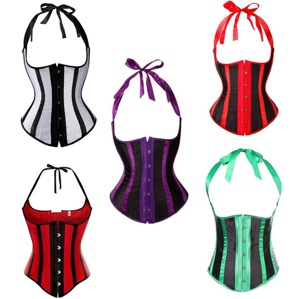 Striped Halter Satin Corset Vest Women Contrast Stripes Underbust Slimming Bodyshaper Fashion Corset Top Plus Size S-6XL Waist Train Corset