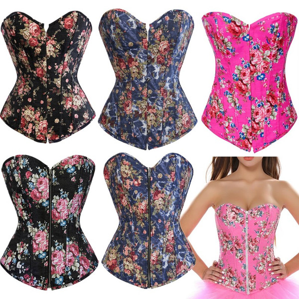 Brocade Denim Floral Padded Corset Women Sexy Cowboy Lace-up Mix Styles S-XXL Multicolor Fashion Zipper Overbust Bustier