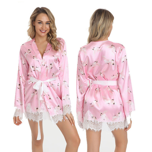 Youthful Flamingo Printed Sleep Satin & Scalloped Eyelash Lace Robe Pink Women Sexy Silky Full Sleeve Midnight Bedtime Sleepwear S-XXL