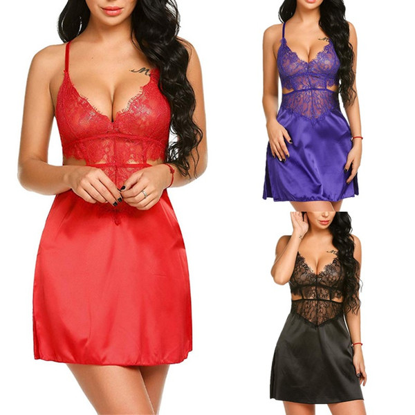 Cut-out Eyelash Lace Details Silky Sheer Satin Nightwear Babydoll Chemise with G-String Set Sleepwear Dress Women Sexy Lingerie Side Split