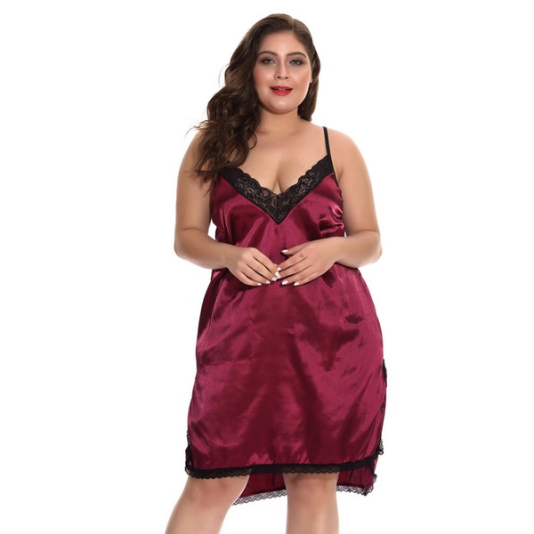 Women Plus Size Maroon Satin Side Slit Hi-lo Babydoll Chemise with Black Lace Trim Sexy Spaghetti Intimate Lingerie Dress 4X