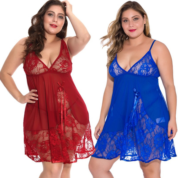 Women Floral Lace and Mesh Babydoll with Dangle Satin Ribbon Sexy Big Lady Chemise Dress Plus Size 1X-4X Lingerie Panty Set Multicolor