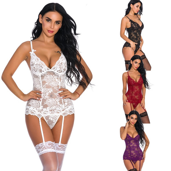 Wome Lace and Mesh Lingerie Sexy Floral Sheer Lace-up Back Teddy Bodysuits Red White Bridal Gartered Lingerie Teddies S-XXL Black Purple