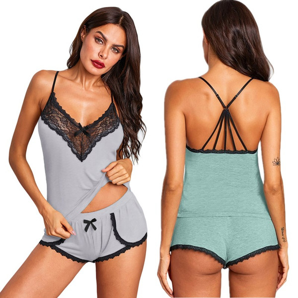 Women Sexy Contrast Black Lace Jersy Cami Tank Top and Shorts Sleepwear Set Cosplay Mid-night Bedtime Clubwear Pajama Set Green Grey