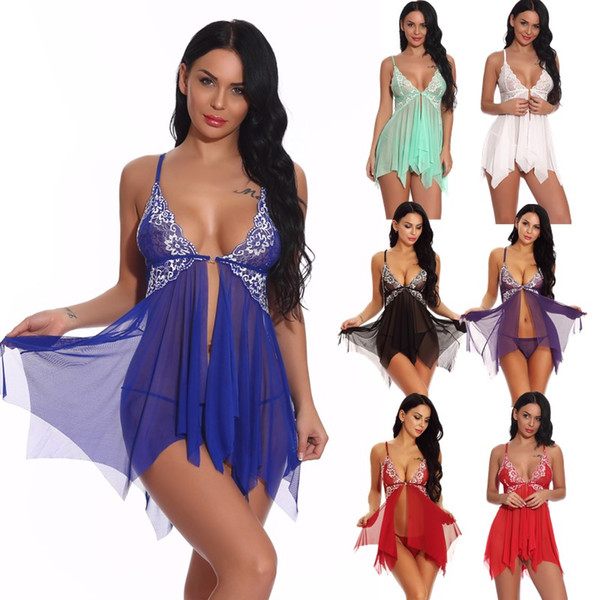 Women Sexy Lace Cups Back Open-front Babydoll with Irregular Hem Lingerie Bedtime Sleepwear Chemise Dress Thong Set Plus Size S-4XL Multicol