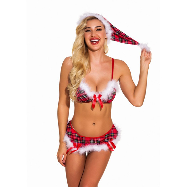 Women Christmas Hat Bra and Panty Set Red Plaid Sexy Seductive Bikini Swimsuit Costume Lingerie with White Fuzzy Trim and Satin Bows Cosplay