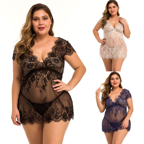 Women Sexy Plunge V-neck Floral Eyelash Lace & Mesh Cap Sleeve Babydoll Sheer Chemise Lingerie Sleepwear Dress and Panty Set Plus Size 1X-4X