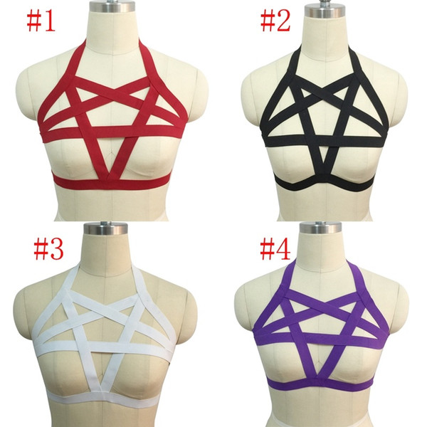 Hollow harness bra Elastic Punk Bra Body Sexy Black Pentagram Bondage Lingerie Goth Caged Bra Women Harness Belt