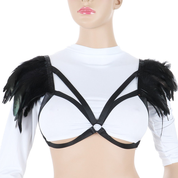 Feather Epaulettes Black feathers Epaulette Cage Bra Cross grid Womens Feathers Gothic Body Harness Belt Sexy Fetish