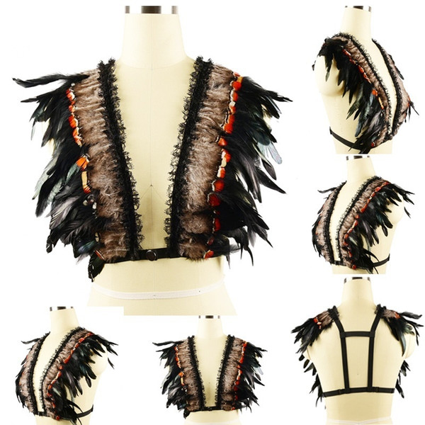 Halloween Wear Lingerie Feather epaulettes Adjust straps Bondage Body Harness shoulder burningMan halloween burlesque festival epaulette