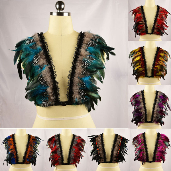 Women Sexy Feather Epaulettes Shoulders Wing Crop Tops Body Harness Lingerie BurningMan Festival Dance Body Cage Feather Harness