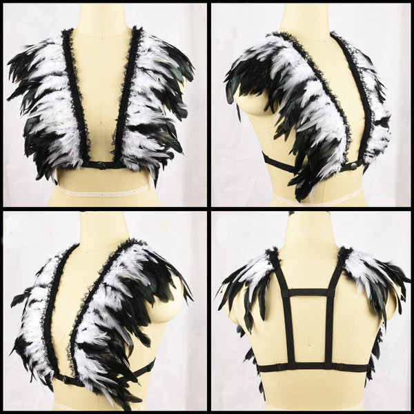 Feather Wings Epaulettes Bra Bondage Shoulder BurningMan Festival Dance Rave Lingerie punk Goth Feather Body Harness Womens