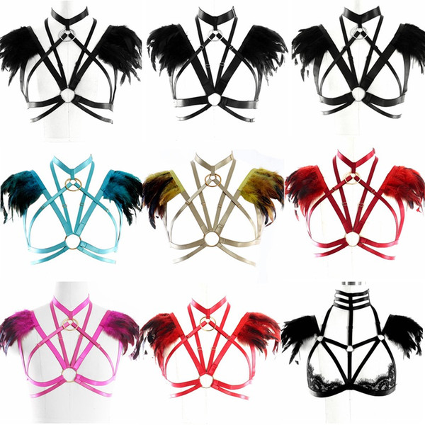 Multicolor Lace Feather harness bra women sexy lingerie Harajuku Gothic body harness black feather bondage lingerie harness