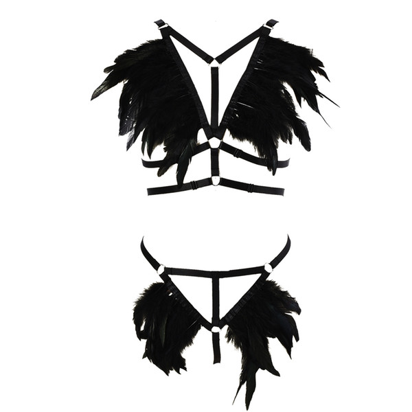 Feather Body Harness Set Epaulettes Gothic Body Harness Big O-Ring Harness Bra Set &Sexy Lingerie Elastic Adjust G-string Wedding Leg Garter