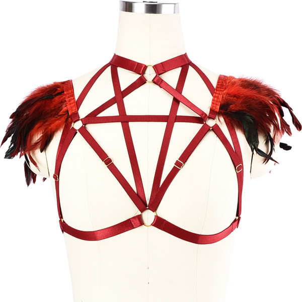 Handmade Halter Gothic Feather Body Harness Belt Adjustable Strappy Tops Cage Bra For women Sexy Lingerie BDSM Bondage Body cage