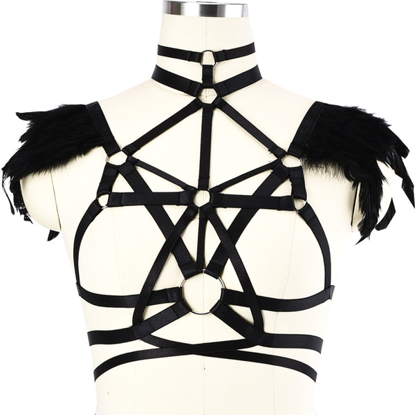 Gothic Feather Body Harness Belt Adjustable Strappy Tops Cage Bra For women Sexy Lingerie BDSM Bondage Body cage Goth Festival Rave Dance We