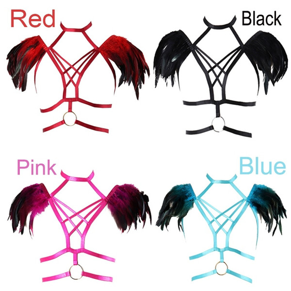 Women Fashion Sexy Feather Lingerie Elastic Strappy Adjust Bondage Epaulettes / Wedding Wings Feather Bra Pastel Goth Harajuku Gypsy Boho L