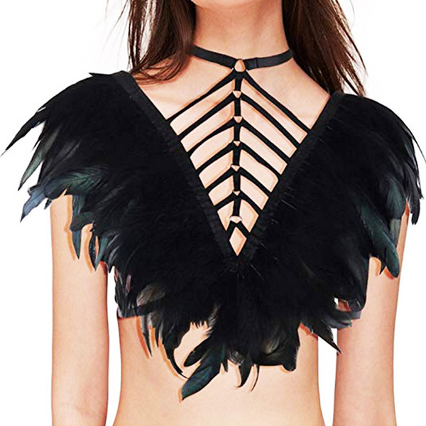 Women Feathers Epaulette Cage Bra Womens Feathers Gothic Body Harness Belt Sexy Fetish Angel Wings Bondage Harness Lingerie