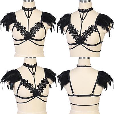 Goth Gypsy Feather Cage Bra Womens Feathers Gothic Body Harness Belt Sexy Fetish Angel Wings Bondage Harness Lingerie