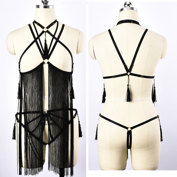 Body Harness Bondage Sexy Lingerie Fetish Bralette Pastel Goth Panties String Tassel Set Punk Rave Pole Dance Erotic Cage Bra